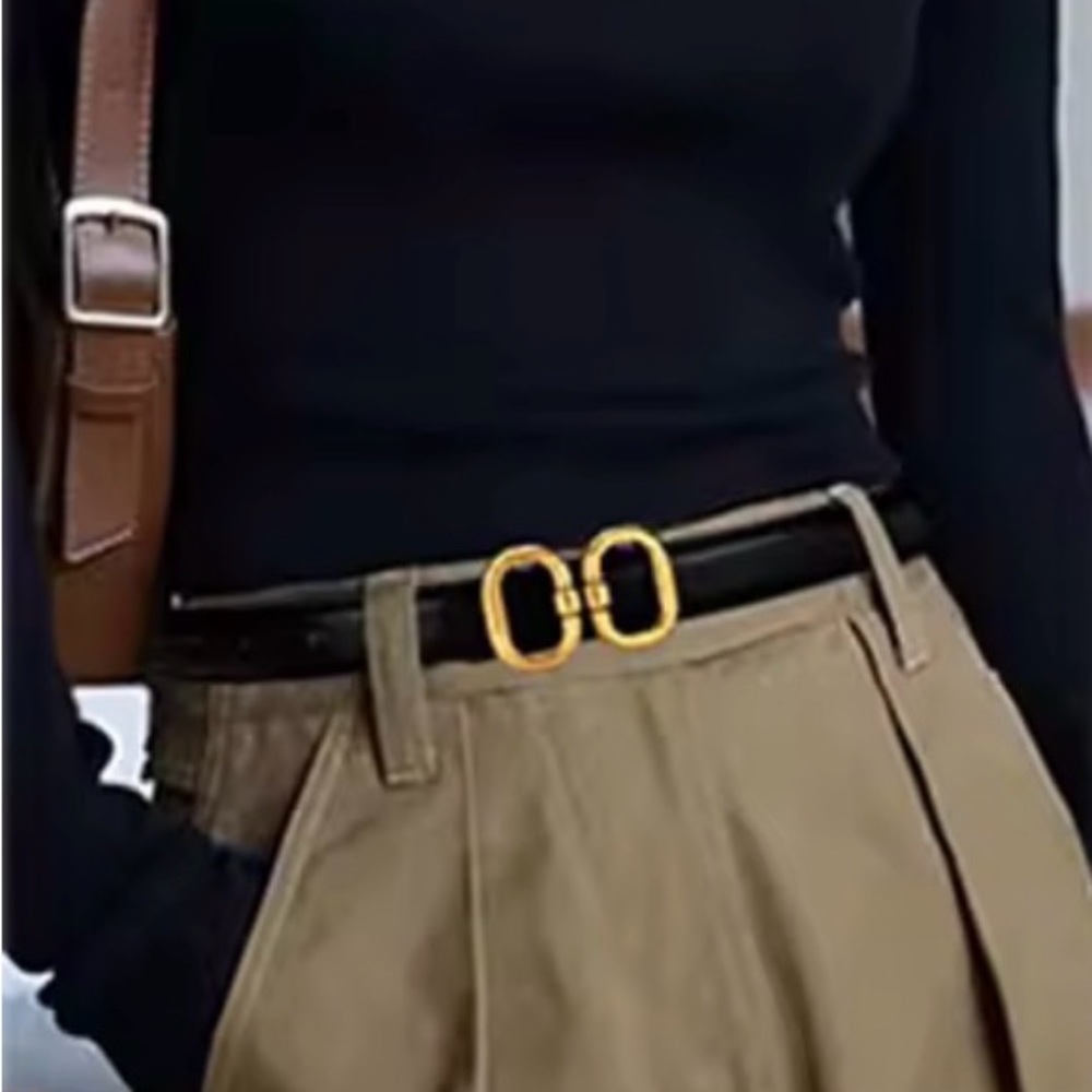 Classic Black PU Leather Belt with Gold Double-Ring Buckle